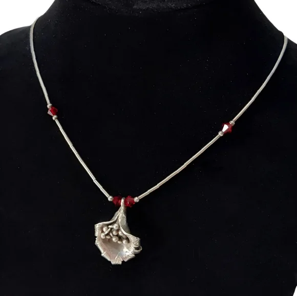 Southwestern Sterling Squash Blossom Liquid Silver Red Crystal Bead Necklace 16" - Picture 4 of 14